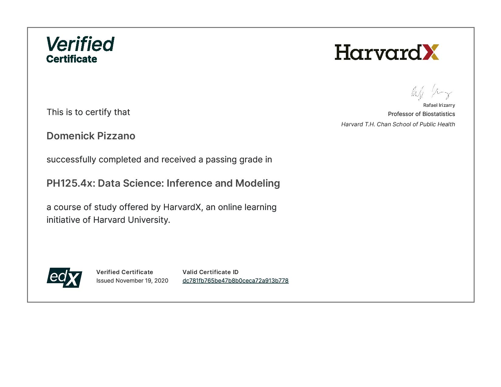 Data Science Infrence Modeling Certificate - HarvardX